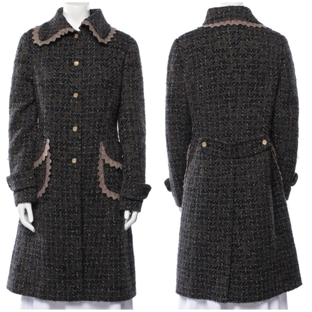 Dolce & Gabbana Crochet Lace Trim Tweed Coat Wool Blend Peter Pan Sz 44
